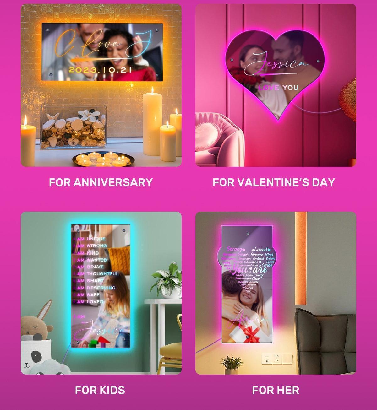 Personalized Handmade LED Illuminated Mirror Sign Light Up Bedroom Name Display - Solar Flame Torch