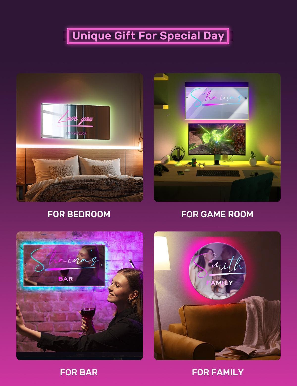 Personalized Handmade LED Illuminated Mirror Sign Light Up Bedroom Name Display - Solar Flame Torch