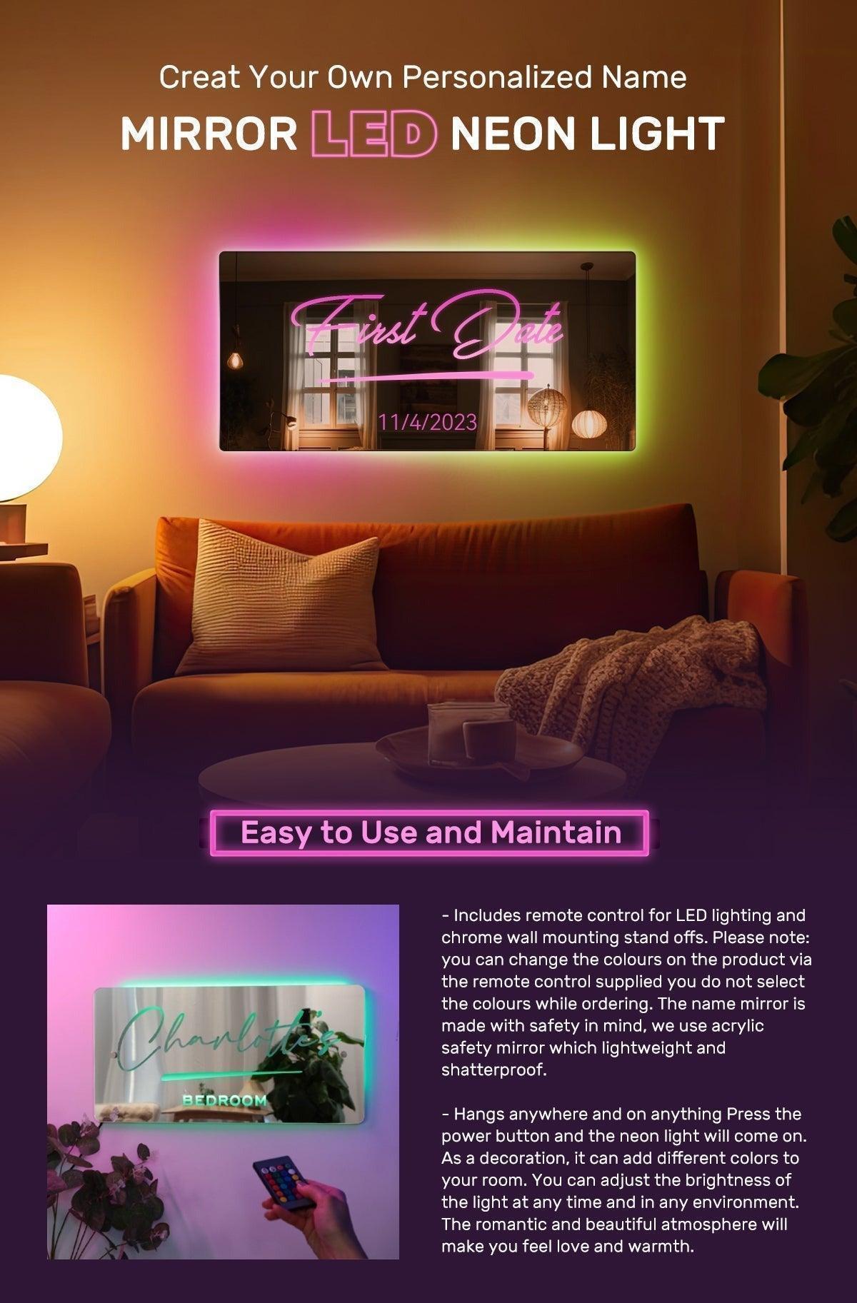 Personalized Handmade LED Illuminated Mirror Sign Light Up Bedroom Name Display - Solar Flame Torch