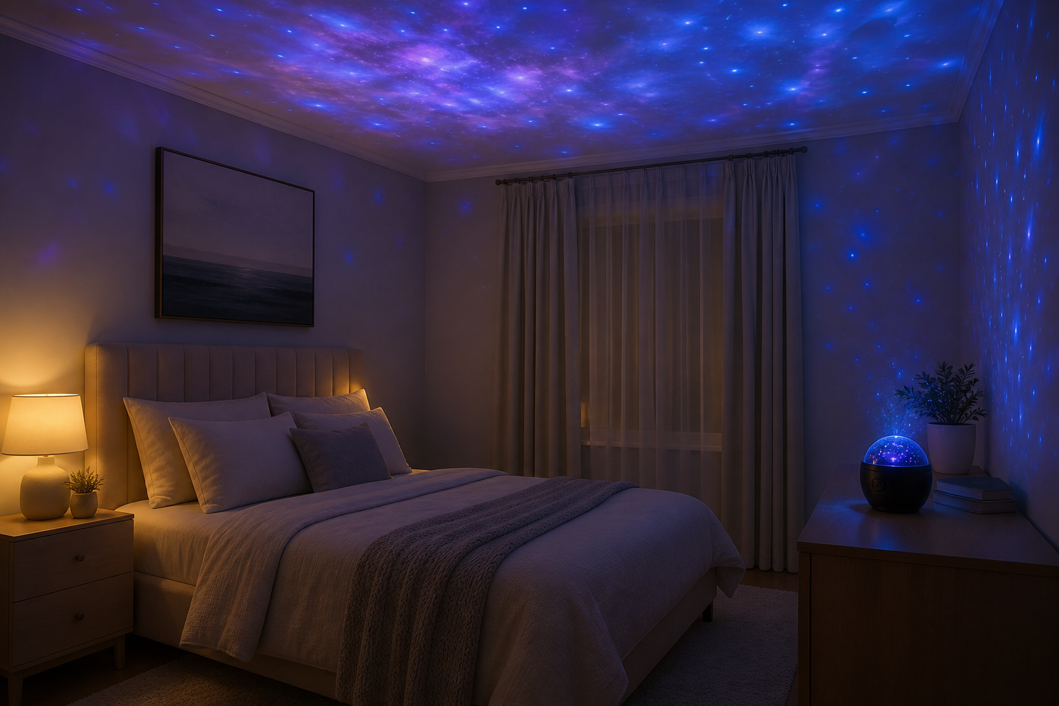 Soft galaxy projector stars creating a calm bedroom ceiling at night