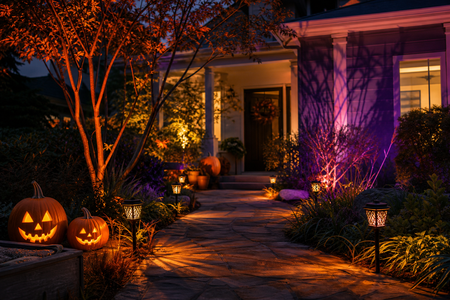 Orange and purple outdoor lighting creating an elegant Halloween front path