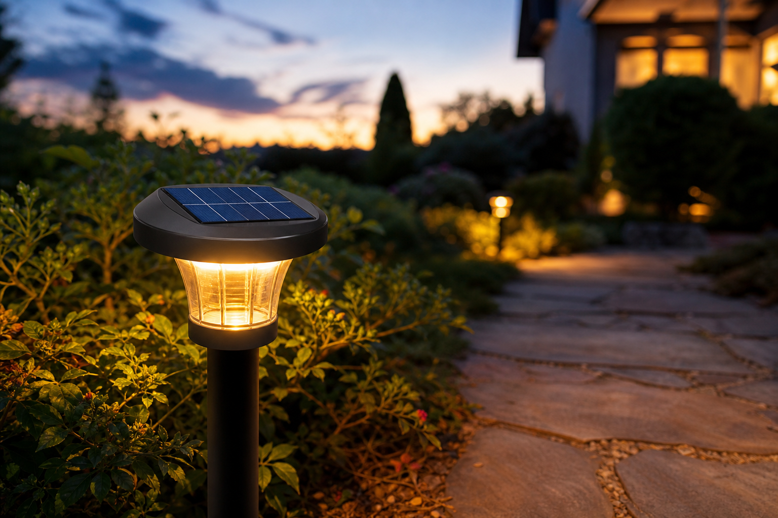Solar pathway light charging at dusk and illuminating a garden path