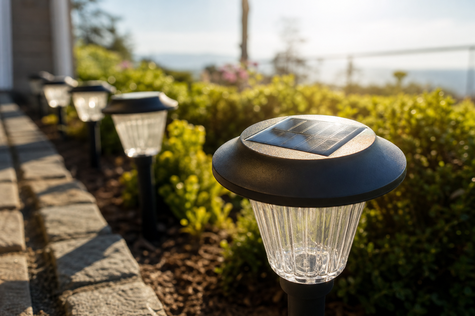Solar pathway lights charging in unobstructed morning sunlight
