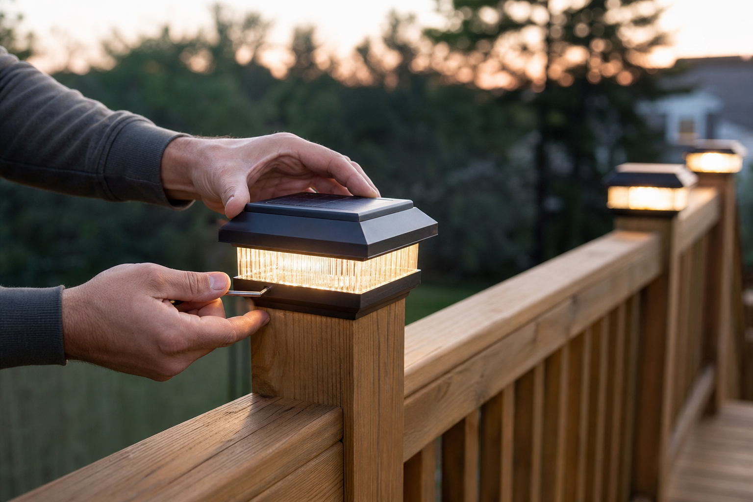 Solar post-cap light being installed on a square wood deck post