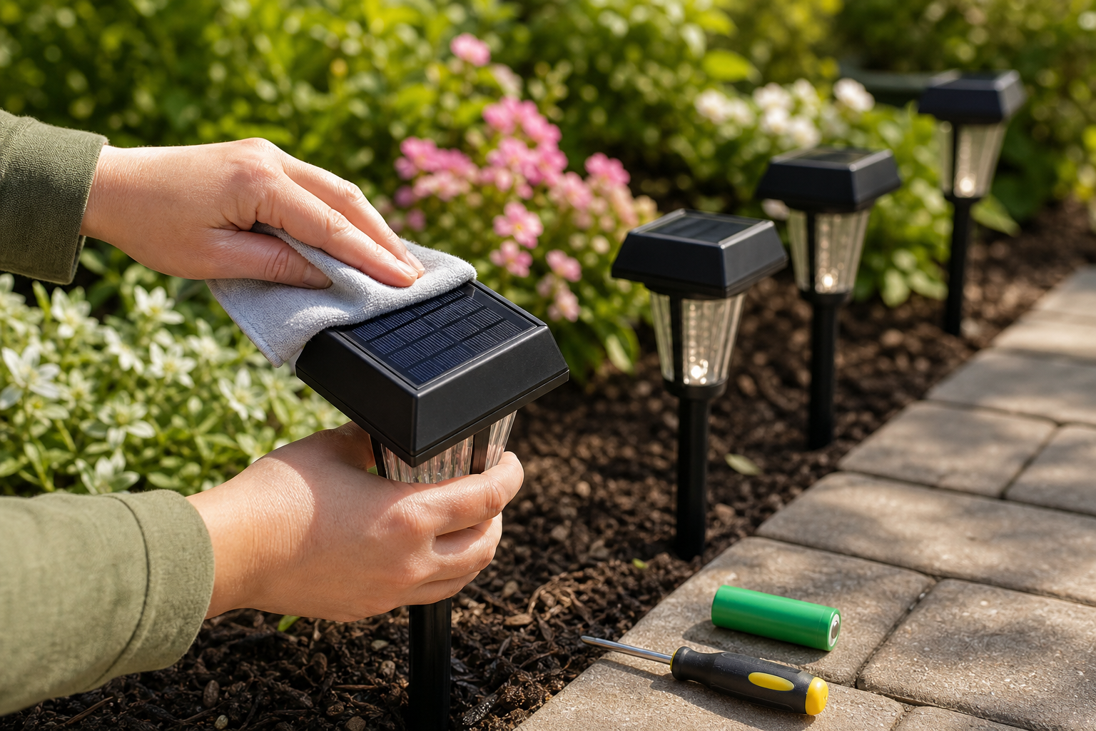 Solar path light panel being cleaned with replacement battery nearby