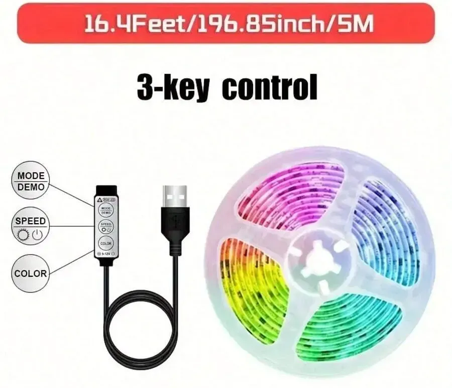 RGB 5050 LED Strip Lights Set - USB Powered, Flexible Tape For TV Background, Game Room Decor - 3 Key Control - Multicolor - View 10