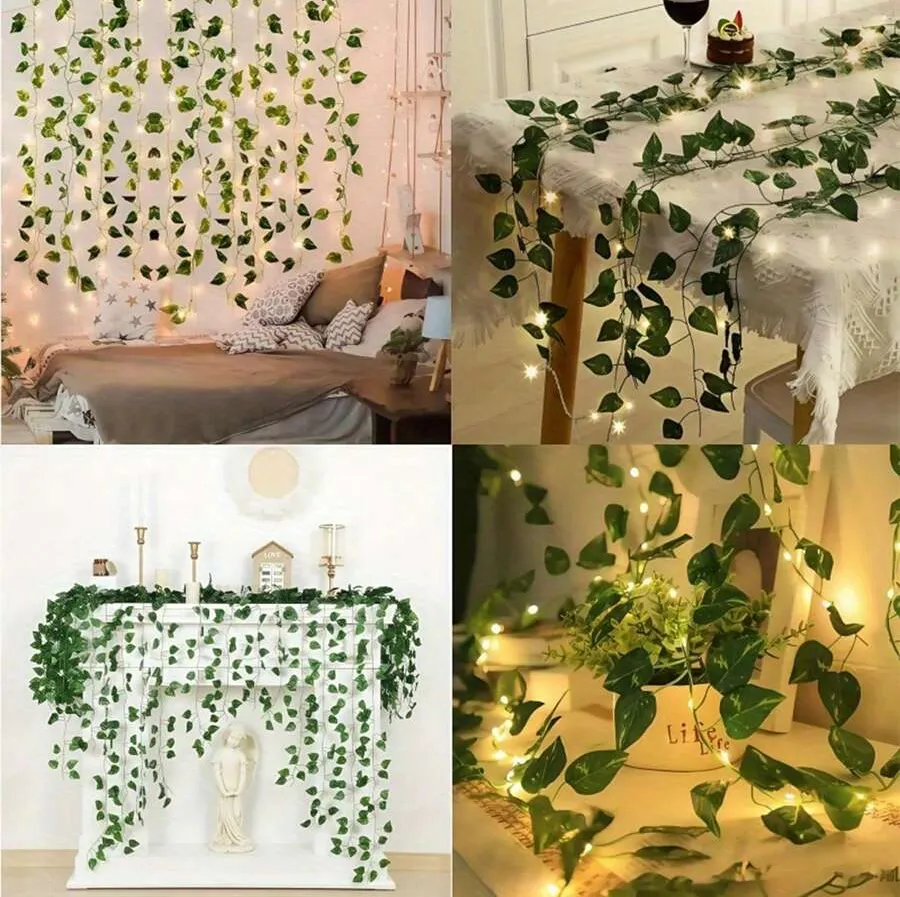 2m/20 Lights, 5m/50 Lights, 10m/100 Lights Battery Operated Green Leaf Fairy Lights, Warm Tone, Suitable For Home, Bedroom, Wedding, Party, Christmas Decor, Illuminated Artificial Floral Wreath, Halloween And Christmas Decoration, Bedroom, Wedding Table Decor Battery Operated Fairy Lights - Green - View 7
