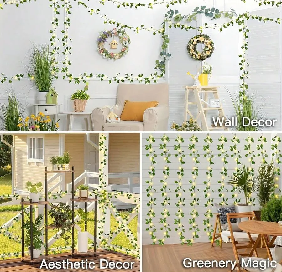 2m/20 Lights, 5m/50 Lights, 10m/100 Lights Battery Operated Green Leaf Fairy Lights, Warm Tone, Suitable For Home, Bedroom, Wedding, Party, Christmas Decor, Illuminated Artificial Floral Wreath, Halloween And Christmas Decoration, Bedroom, Wedding Table Decor Battery Operated Fairy Lights - Green - View 10