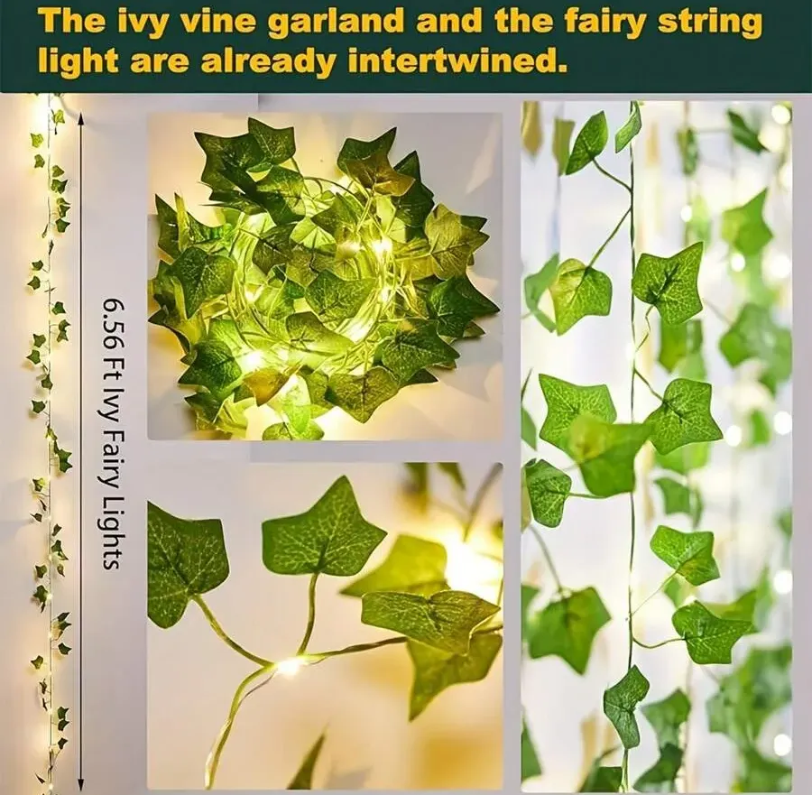 10/5/2m Battery Operated Green Leaf Fairy Lights, Warm Tone, Suitable For Home, Bedroom, Wedding, Party, Christmas Decoration, Glowing Artificial Plant Garland, Halloween And Christmas Decoration, Battery Operated Fairy Lights For Bedroom, Wedding Table Decoration, Wedding Table Decoration Lights, Indoor Holiday Garland Fairy Lights - Green - View 6