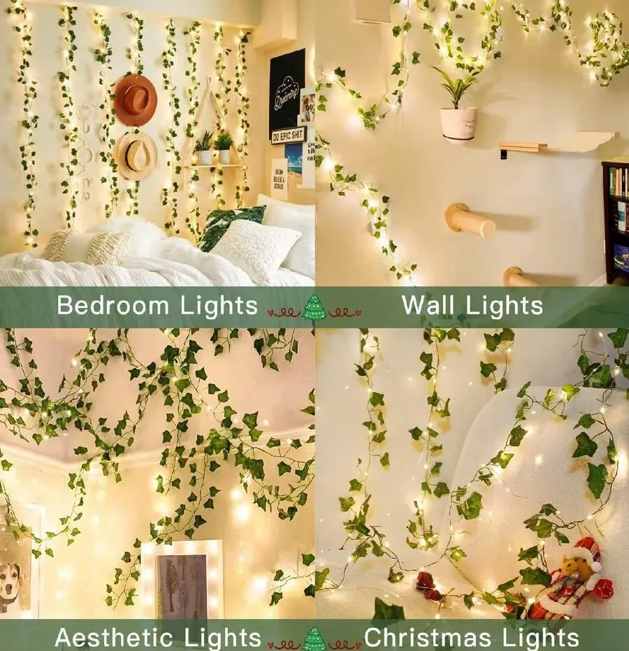 10/5/2m Battery Operated Green Leaf Fairy Lights, Warm Tone, Suitable For Home, Bedroom, Wedding, Party, Christmas Decoration, Glowing Artificial Plant Garland, Halloween And Christmas Decoration, Battery Operated Fairy Lights For Bedroom, Wedding Table Decoration, Wedding Table Decoration Lights, Indoor Holiday Garland Fairy Lights - Green - View 3