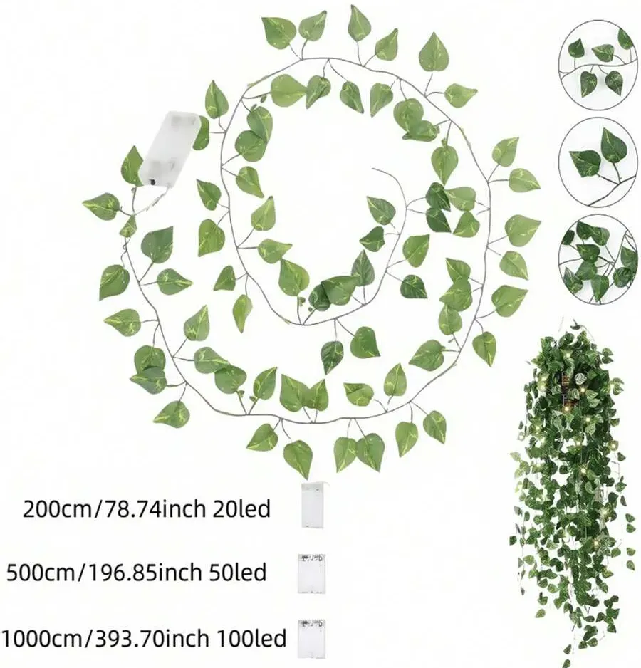 2m/20 Lights, 5m/50 Lights, 10m/100 Lights Battery Operated Green Leaf Fairy Lights, Warm Tone, Suitable For Home, Bedroom, Wedding, Party, Christmas Decor, Illuminated Artificial Floral Wreath, Halloween And Christmas Decoration, Bedroom, Wedding Table Decor Battery Operated Fairy Lights - Green - View 11