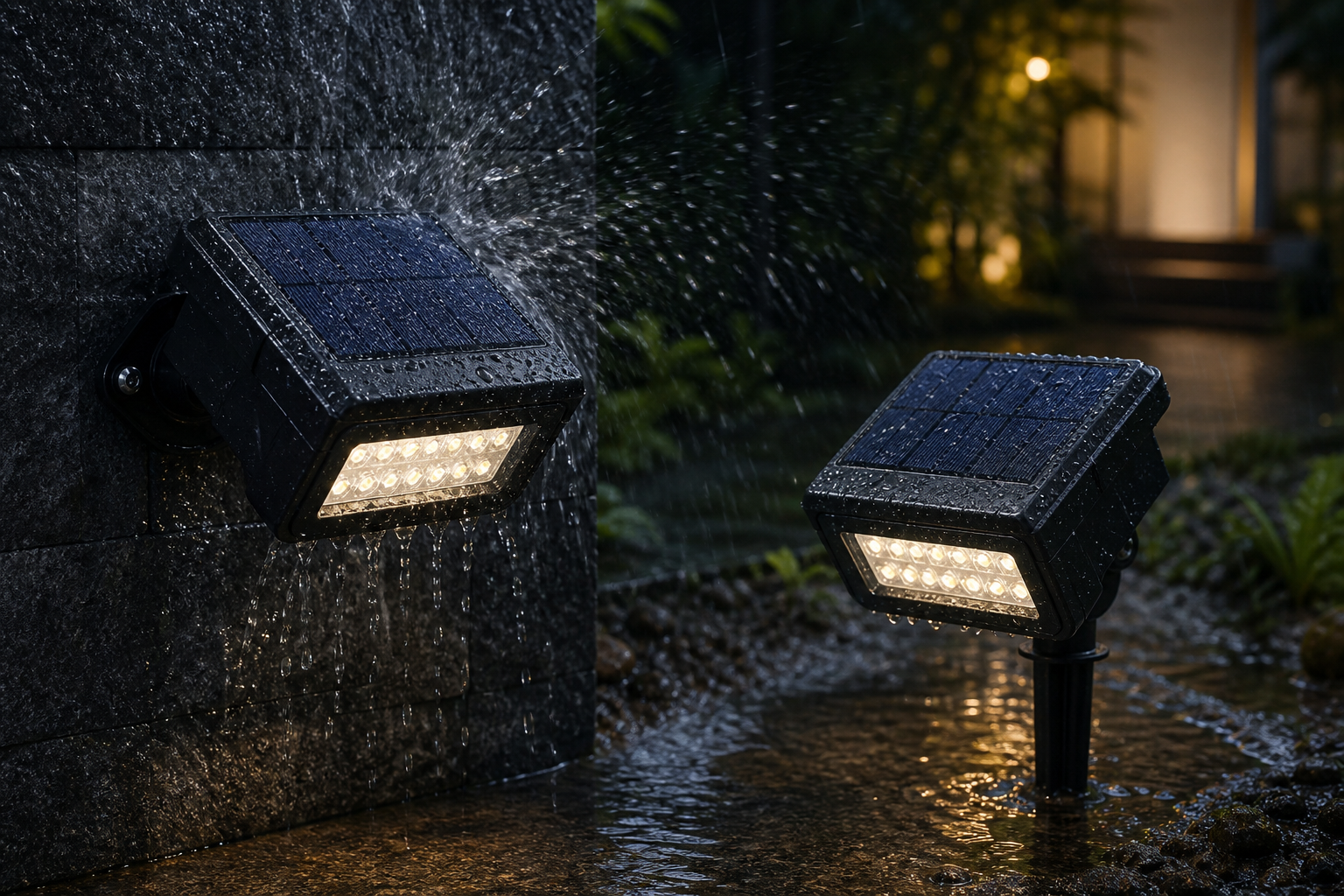Outdoor solar lights exposed to rain and different water conditions