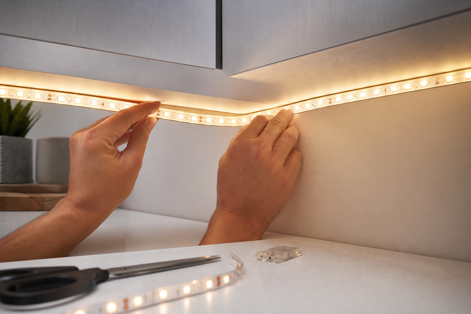 LED strip being installed around a cabinet corner with connector nearby