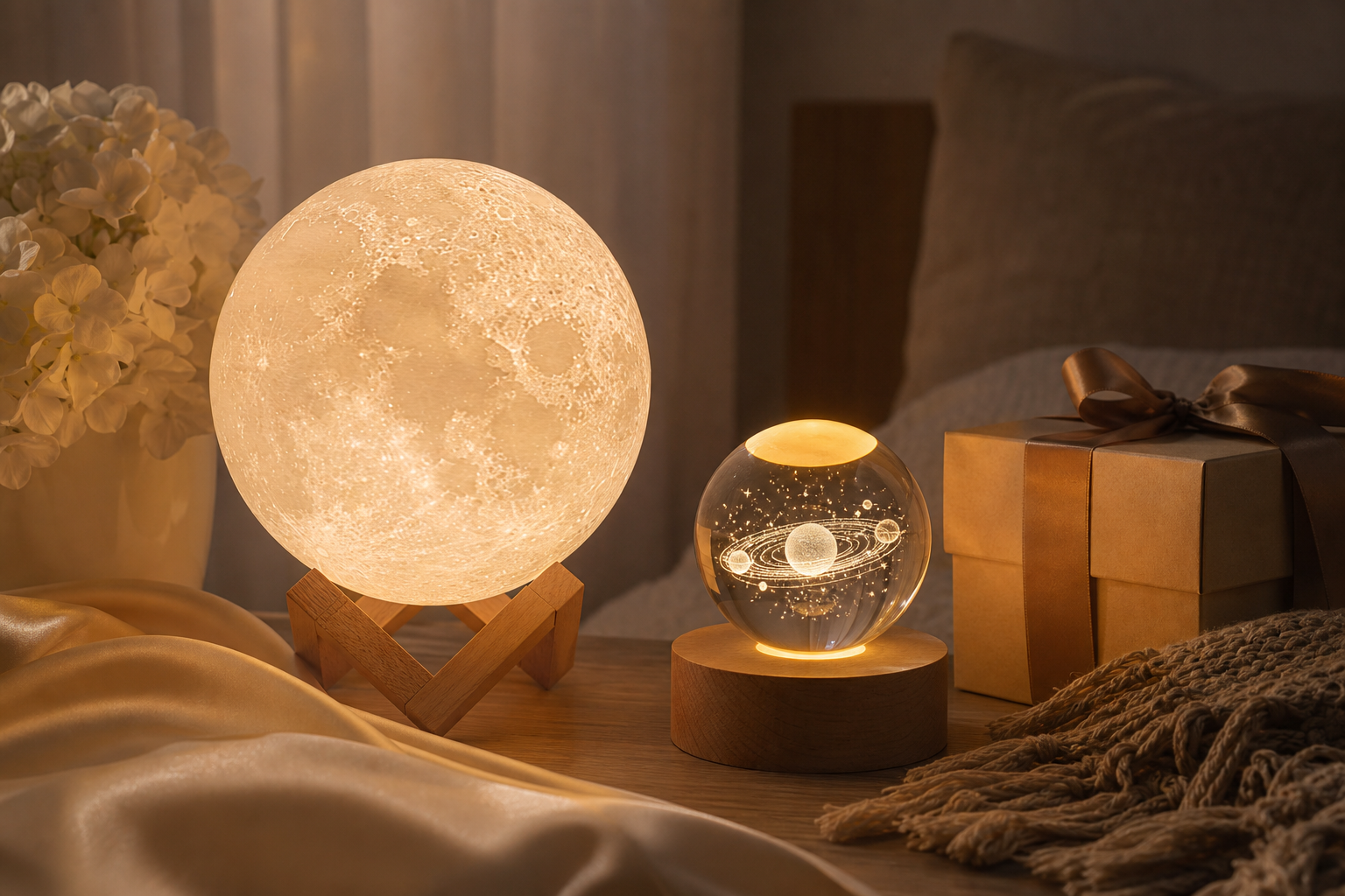 Glowing moon lamp and illuminated crystal sphere arranged as gifts