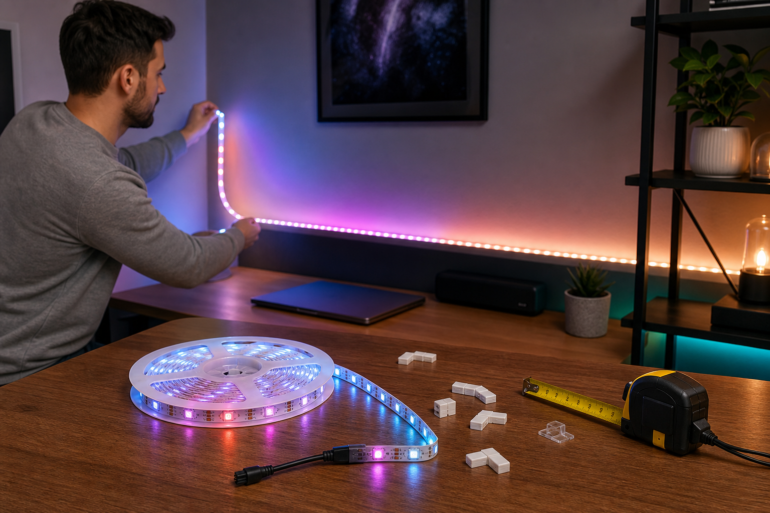 RGB LED strip, measuring tape and connectors arranged for room installation