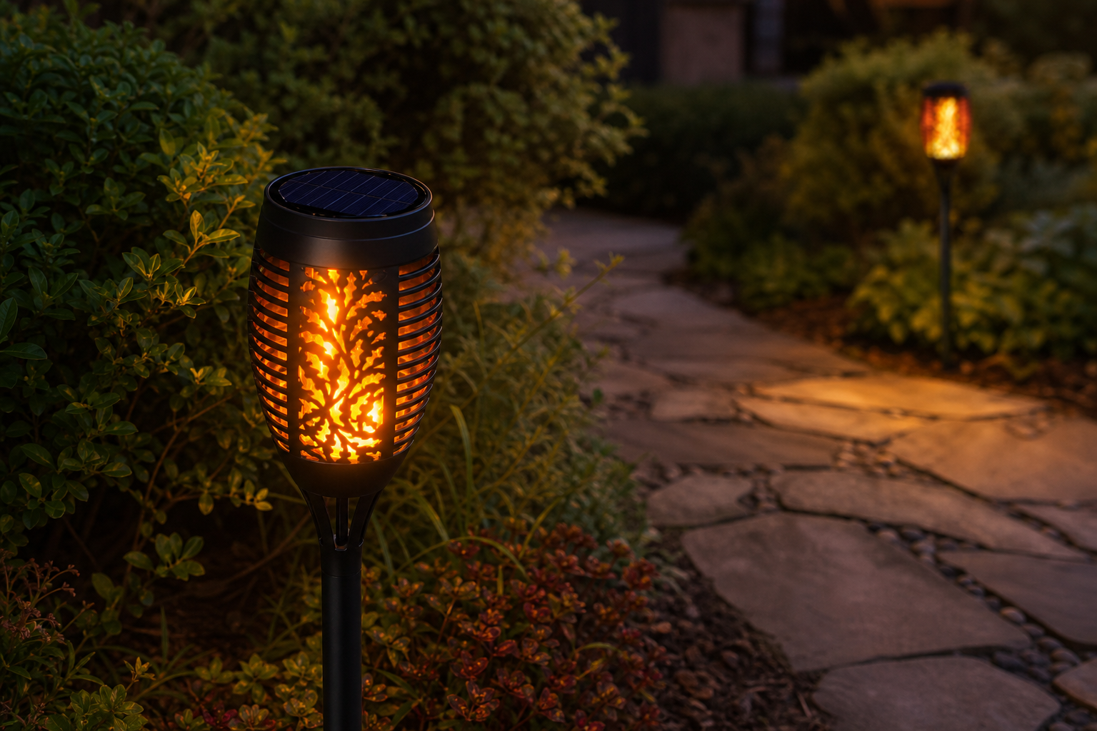 Solar LED flame-effect torch showing its panel, light head and garden stake