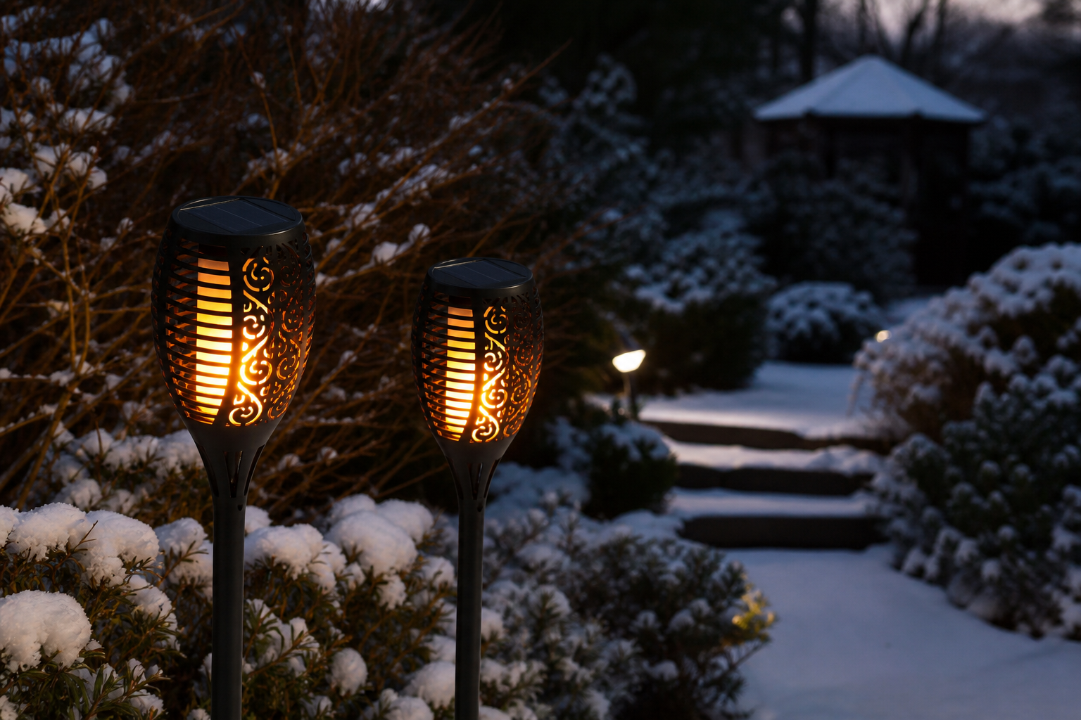 LED solar flame-effect torches glowing modestly in a snowy garden