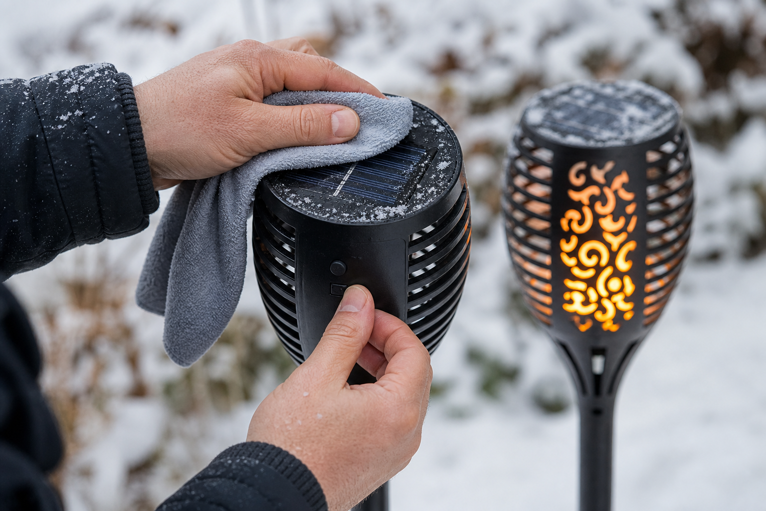 Solar LED flame torch being inspected and cleared of winter moisture