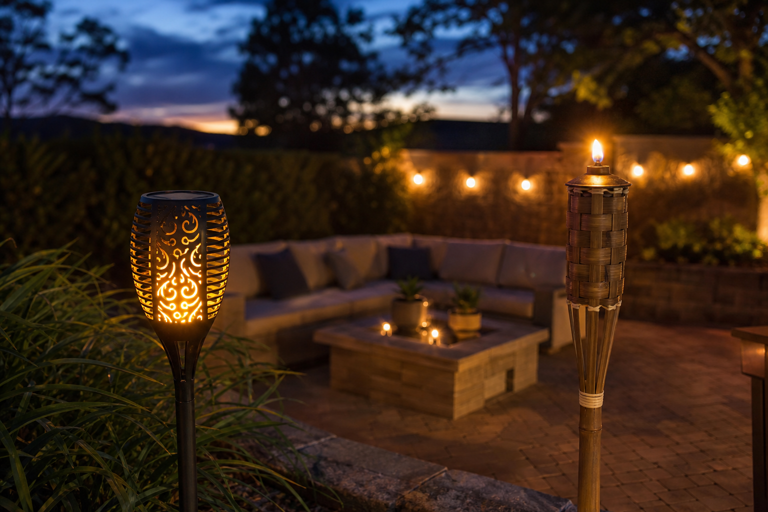 LED solar flame torch and traditional fuel tiki torch in an outdoor patio setting