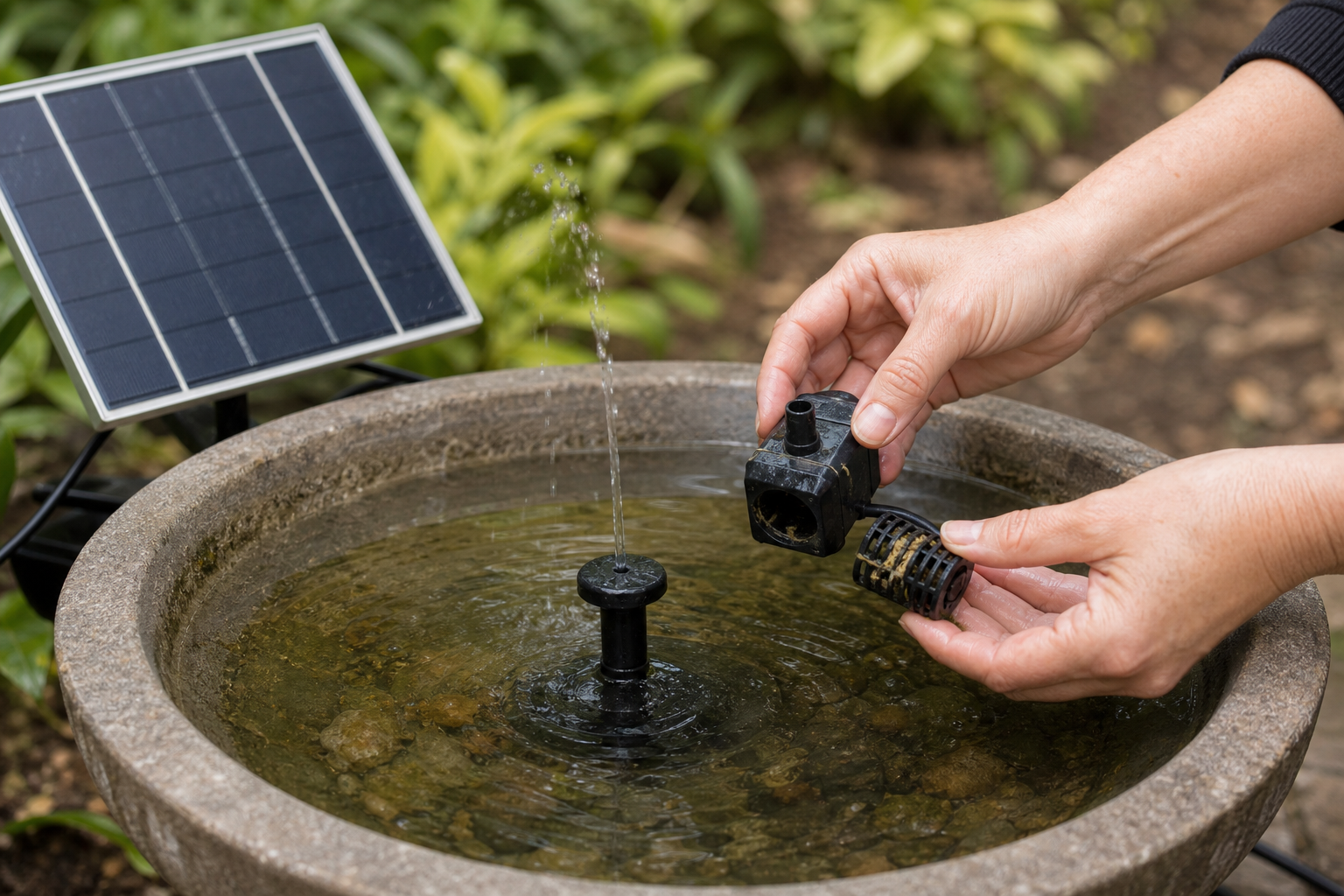 Solar fountain pump being cleaned to troubleshoot a weak water spray