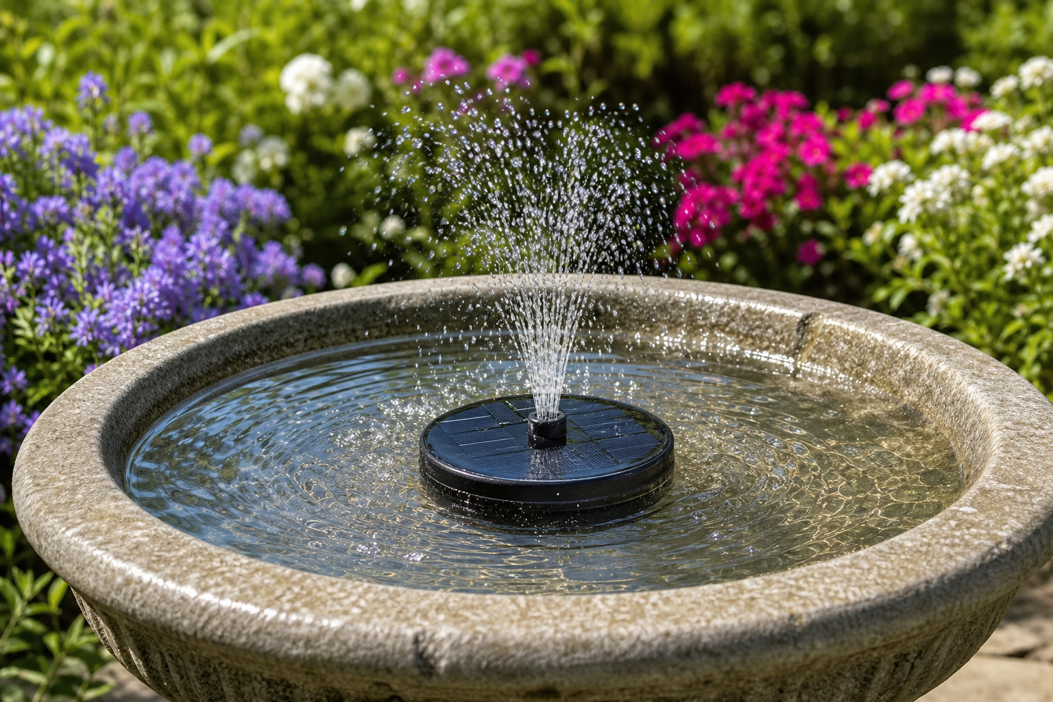 Floating solar fountain producing a moderate spray in a sunny birdbath