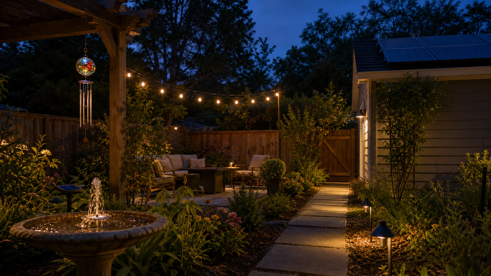 Solar garden at blue hour with a fountain, wind chime, string lights, motion light and shielded path lights