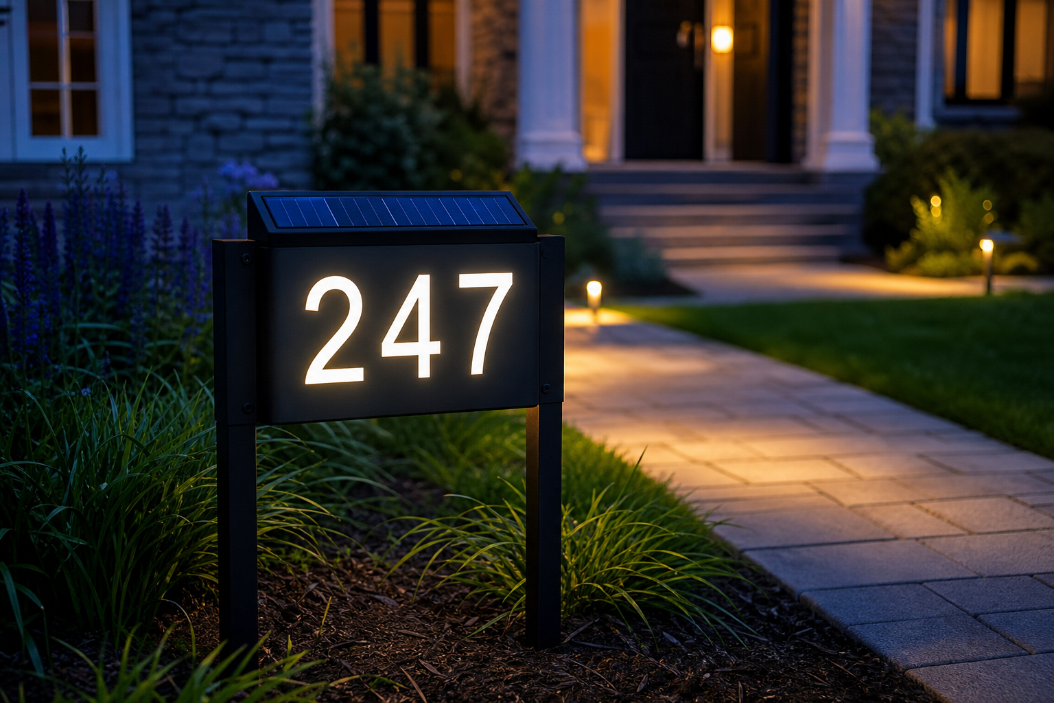 Solar address sign with illuminated digits beside a front walkway