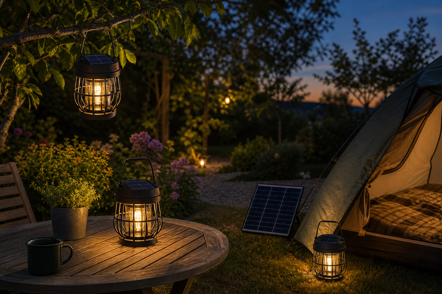 Solar lanterns used for hanging, tabletop and campsite lighting at dusk