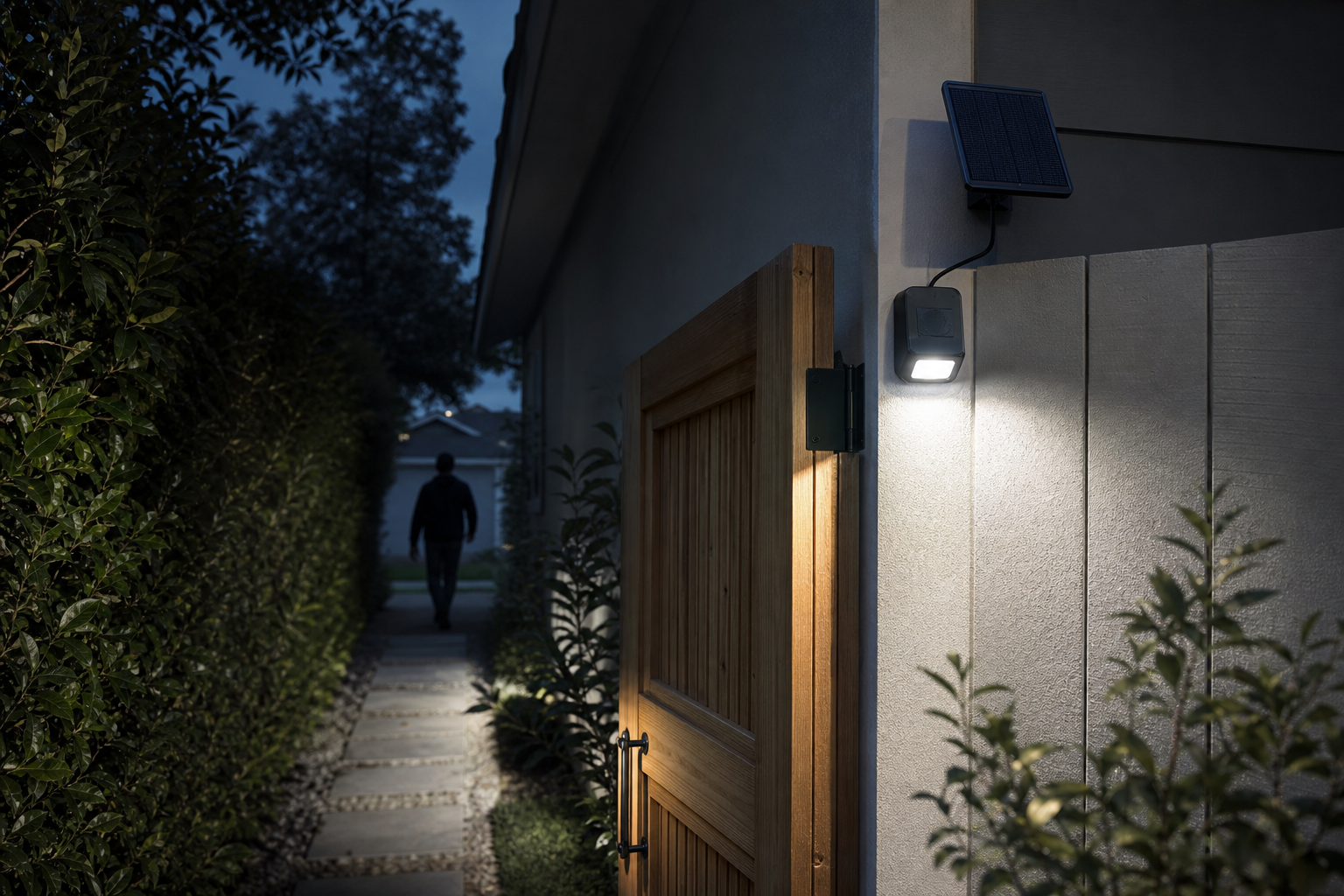 Solar motion light illuminating a residential side-yard gate at night
