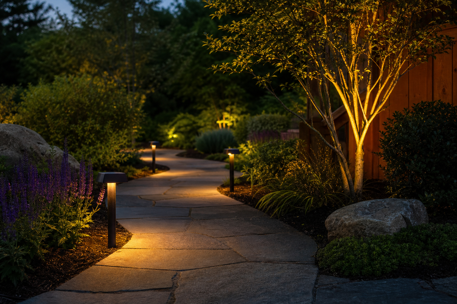 Low solar path lights and subtle tree lighting along a garden walkway