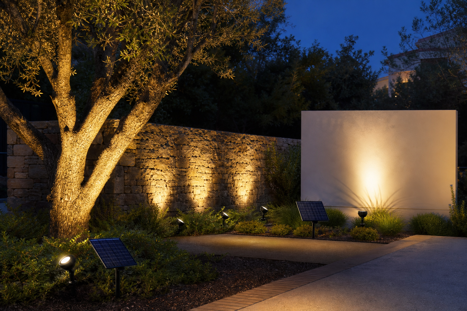 Solar spotlights uplighting a tree, stone wall and architectural sign