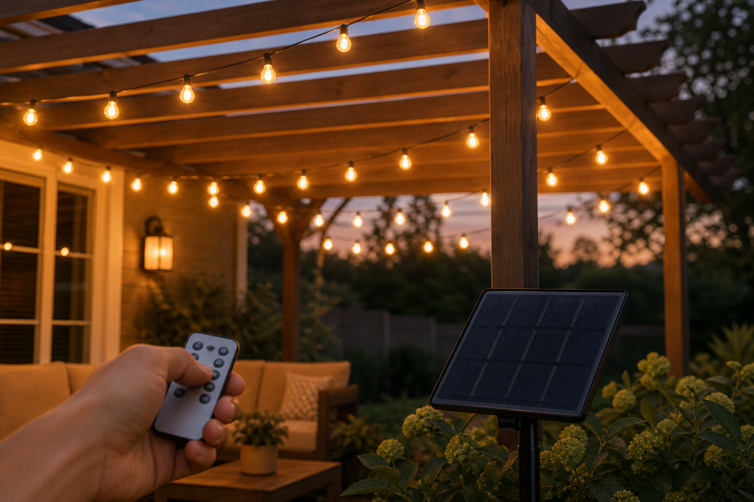Solar string lights, separate panel and remote control on a pergola