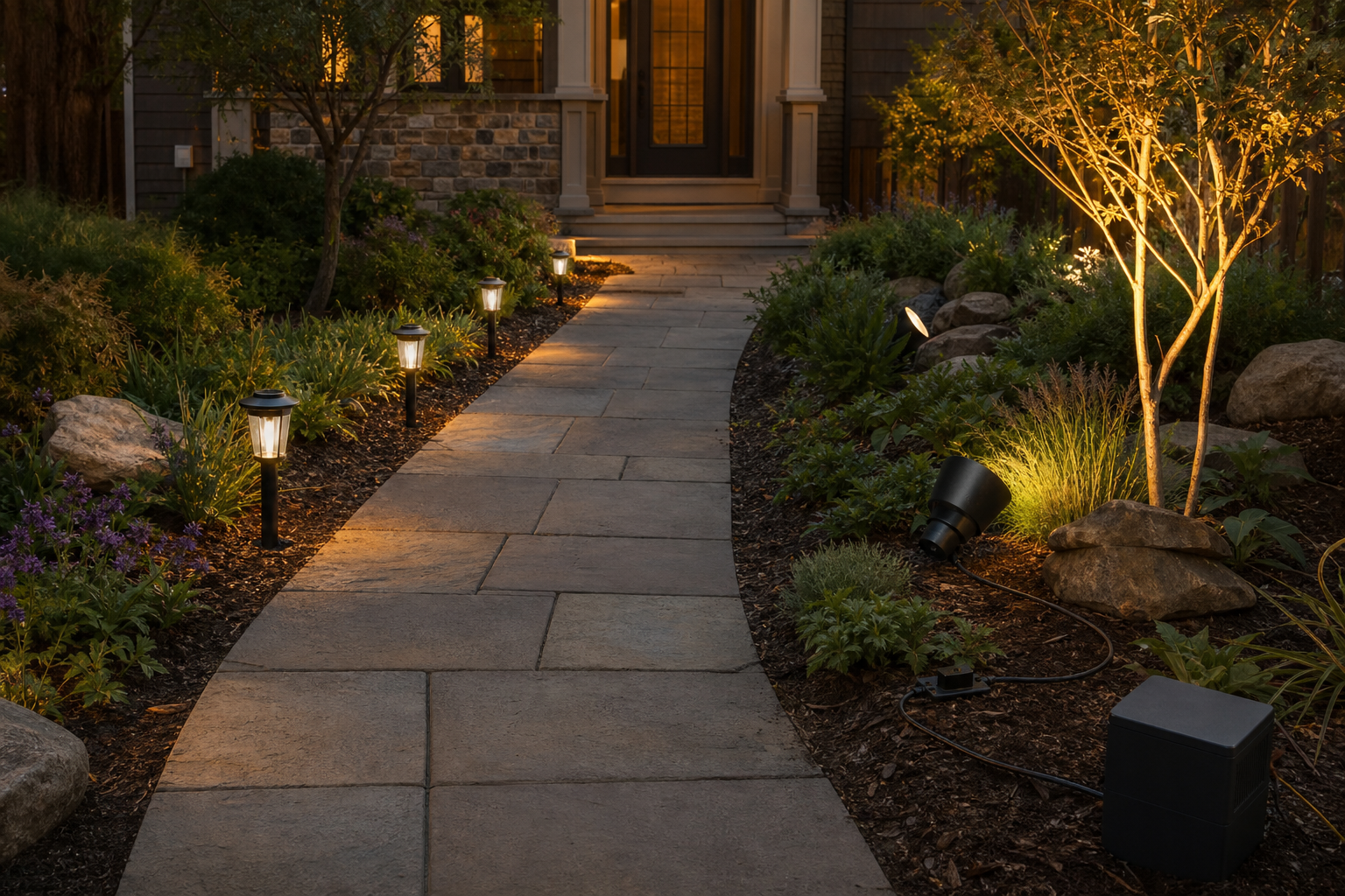 Solar path lights and low-voltage spotlights in a neutral landscape comparison