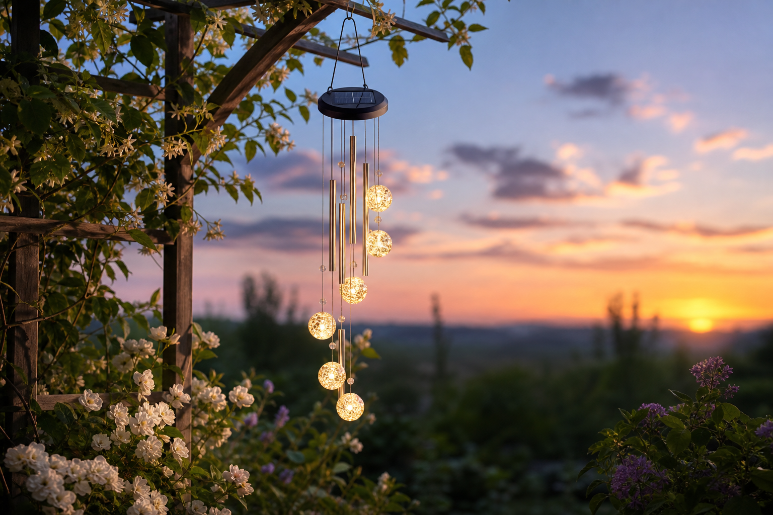 Glowing solar wind chime hanging from a flower-covered garden arbor