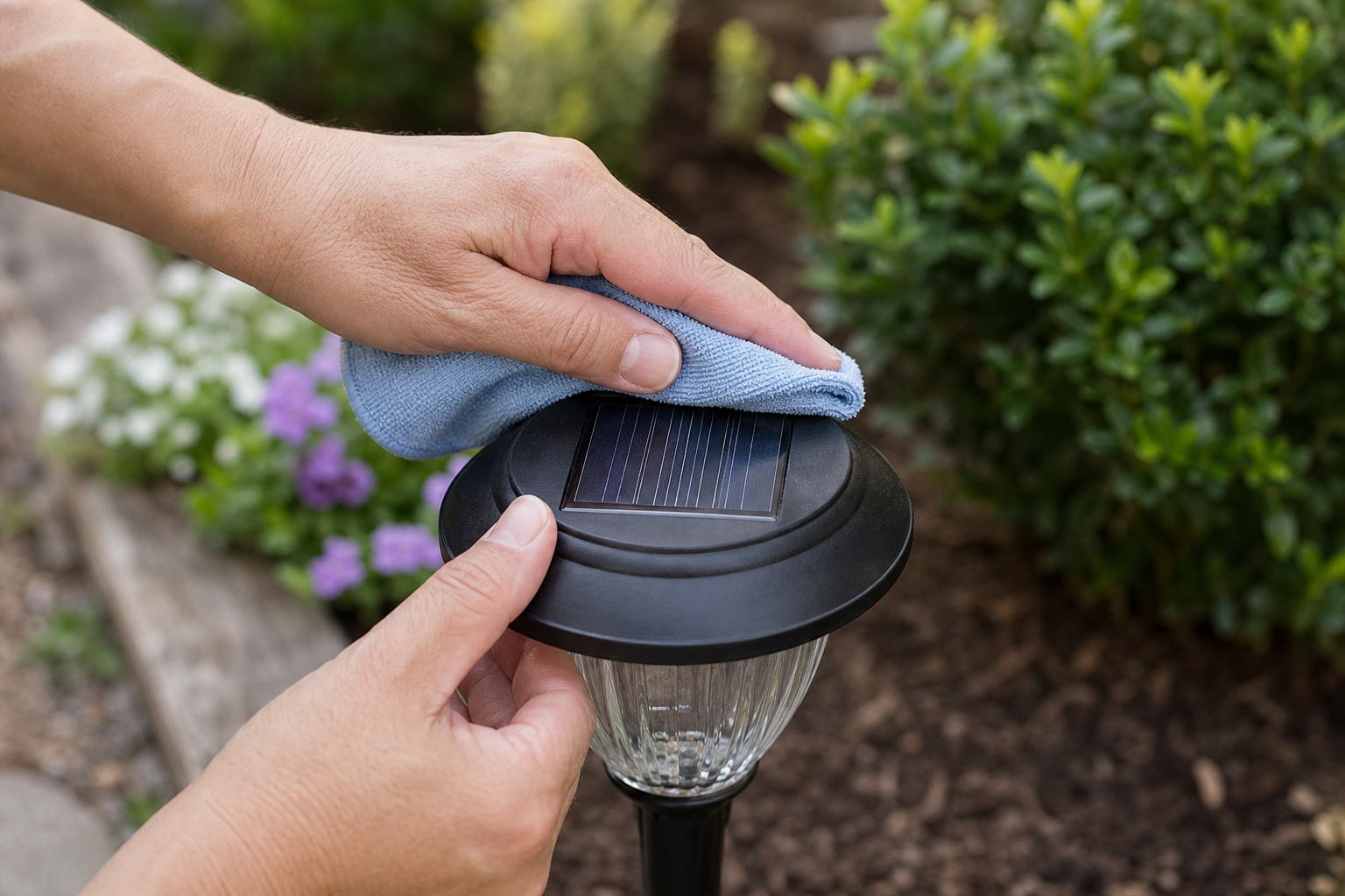 Hands cleaning a solar garden light panel with a soft cloth