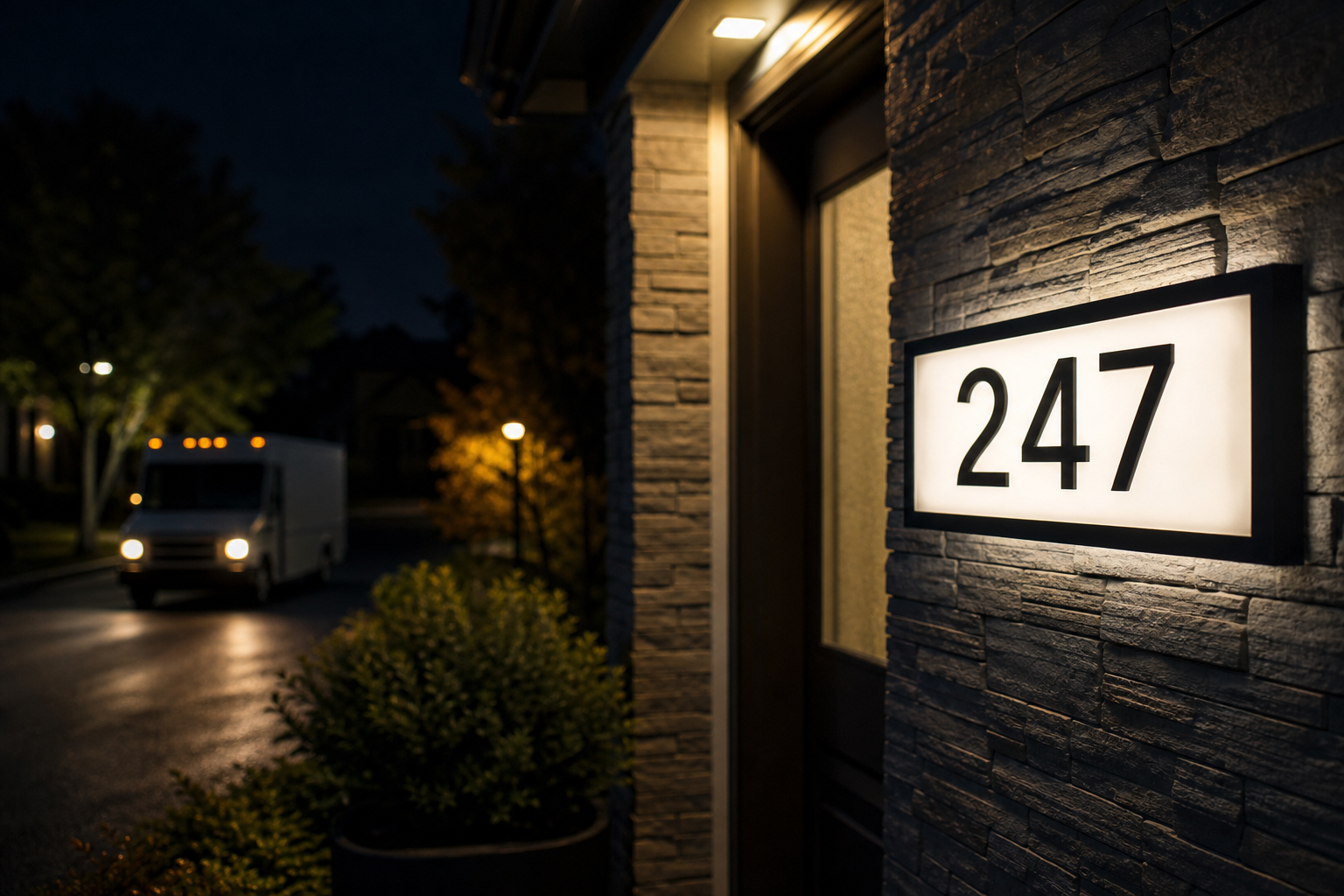 Illuminated house-number plaque visible beside a front entrance at night