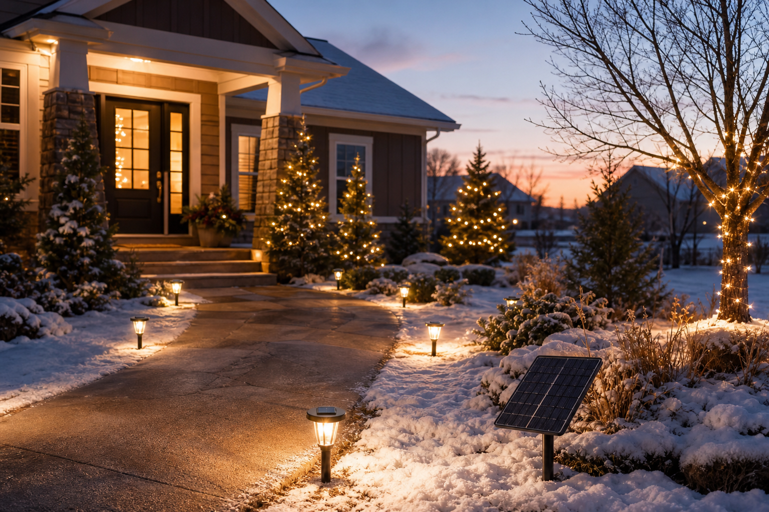 Solar holiday lights decorating a winter home and garden at dusk