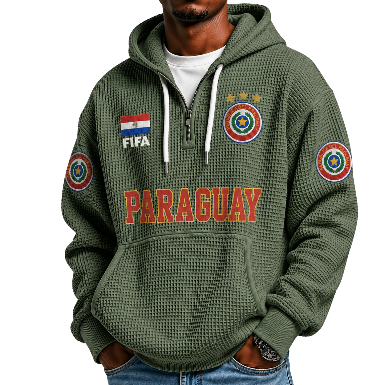 FIFA 2026 Paraguay Printed Waffle Quarter Zip Football Fan Hoodie