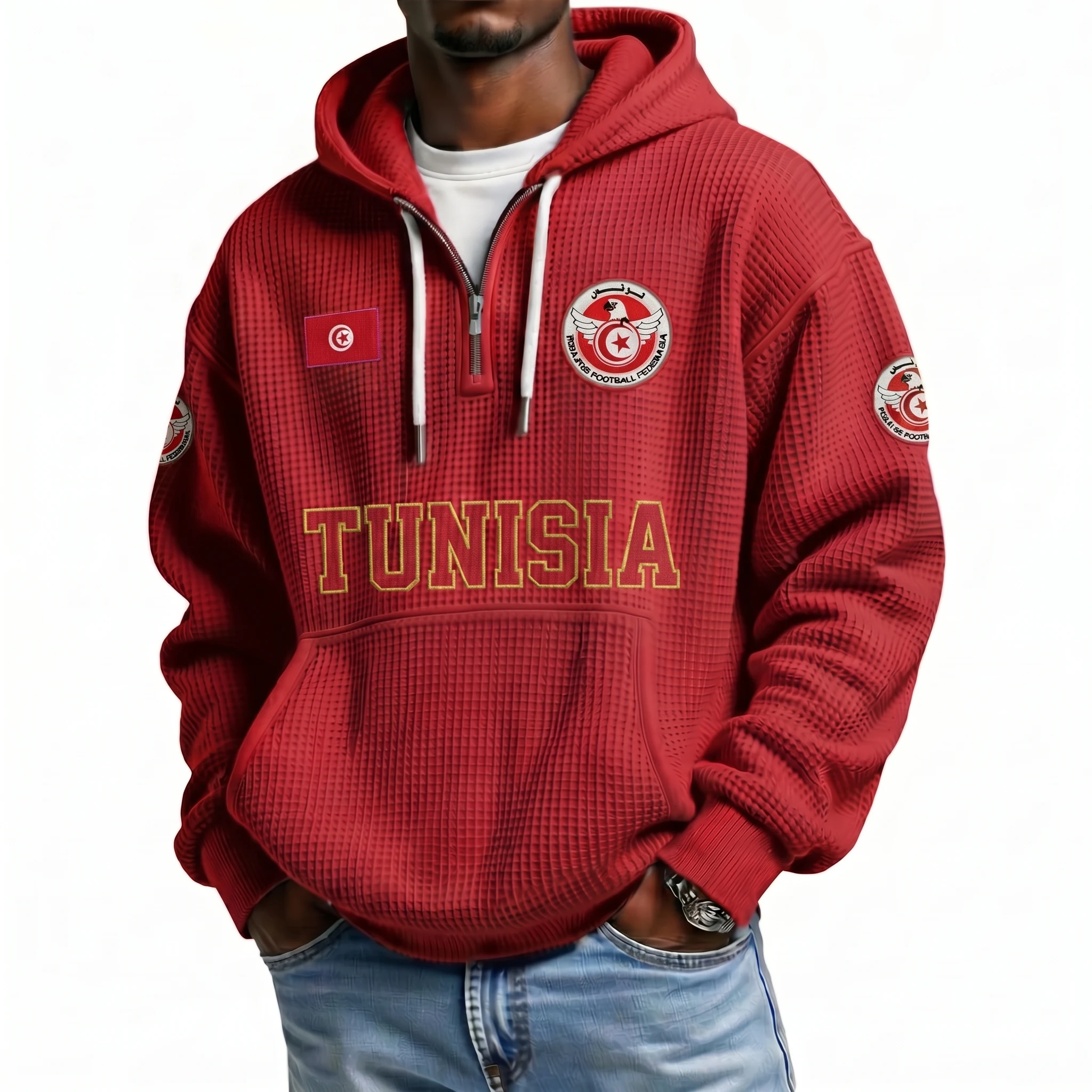 Tunisia Printed Waffle Quarter Zip Football Fan Hoodie