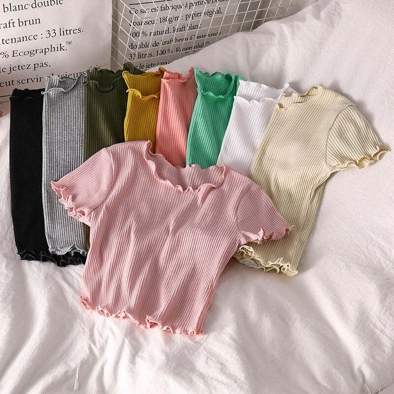 Korean Slim Curl Short Stripe T-Shirts For Women-Soco Hoodie