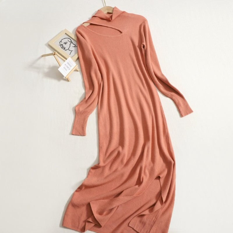 Stylish Hollow Out Turtleneck Knit Sweater Dress For Women-Soco Hoodie