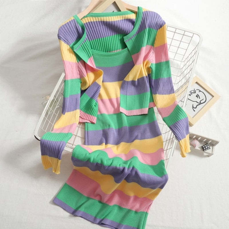 Striped Knitted Two-Piece Sets For Women-Soco Hoodie