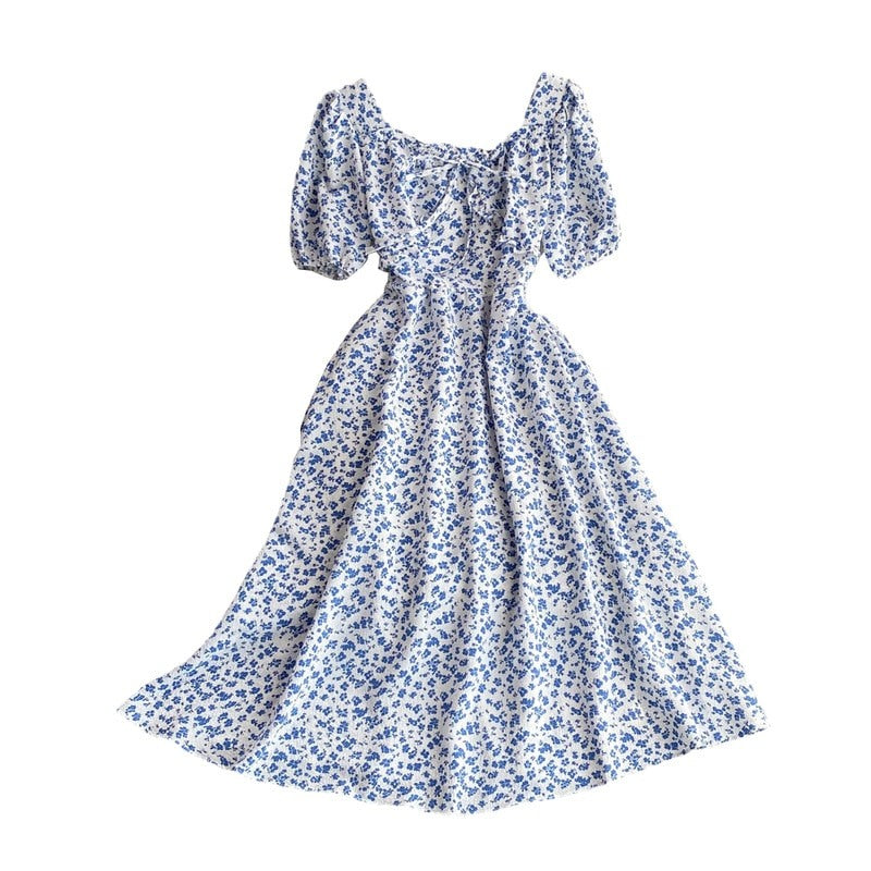 High Waist Floral Chiffon Short Sleeve Dress For Women-Soco Hoodie