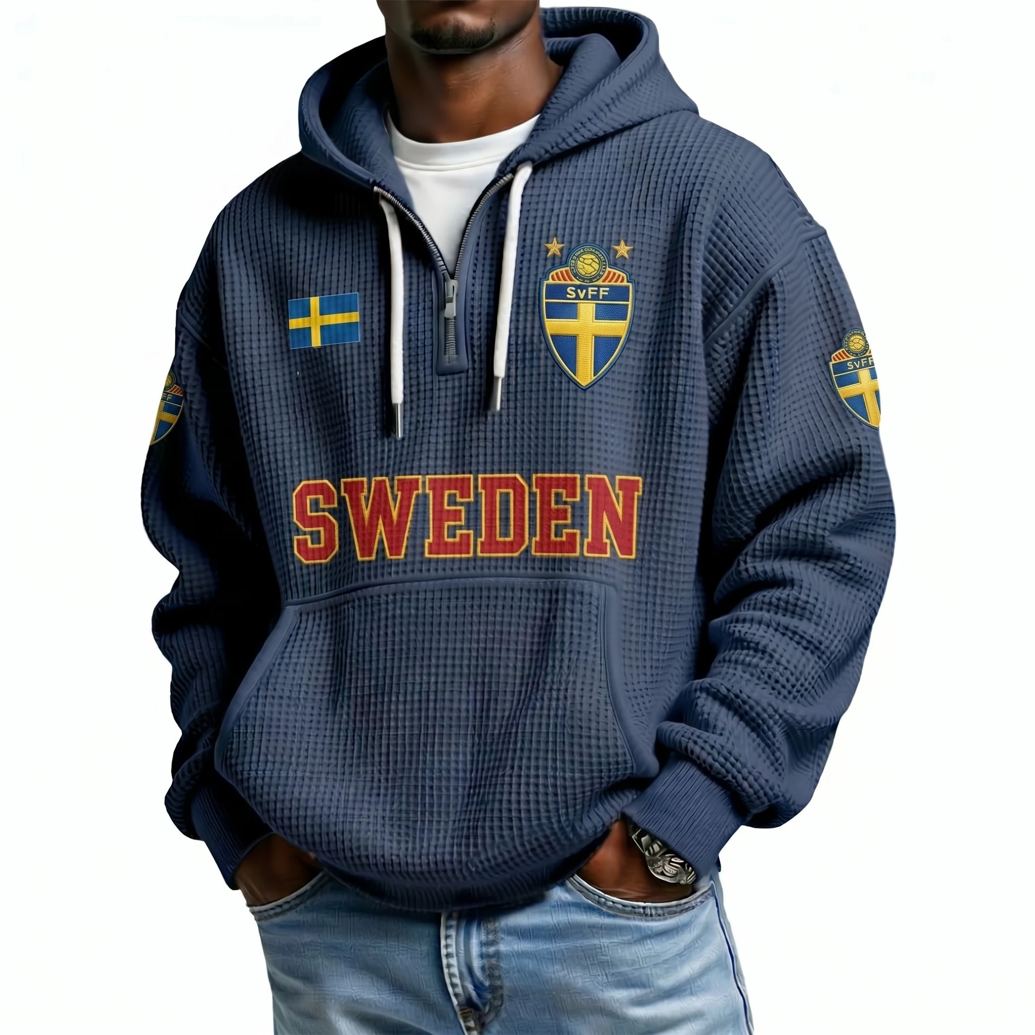Sweden Printed Waffle Quarter Zip Football Fan Hoodie