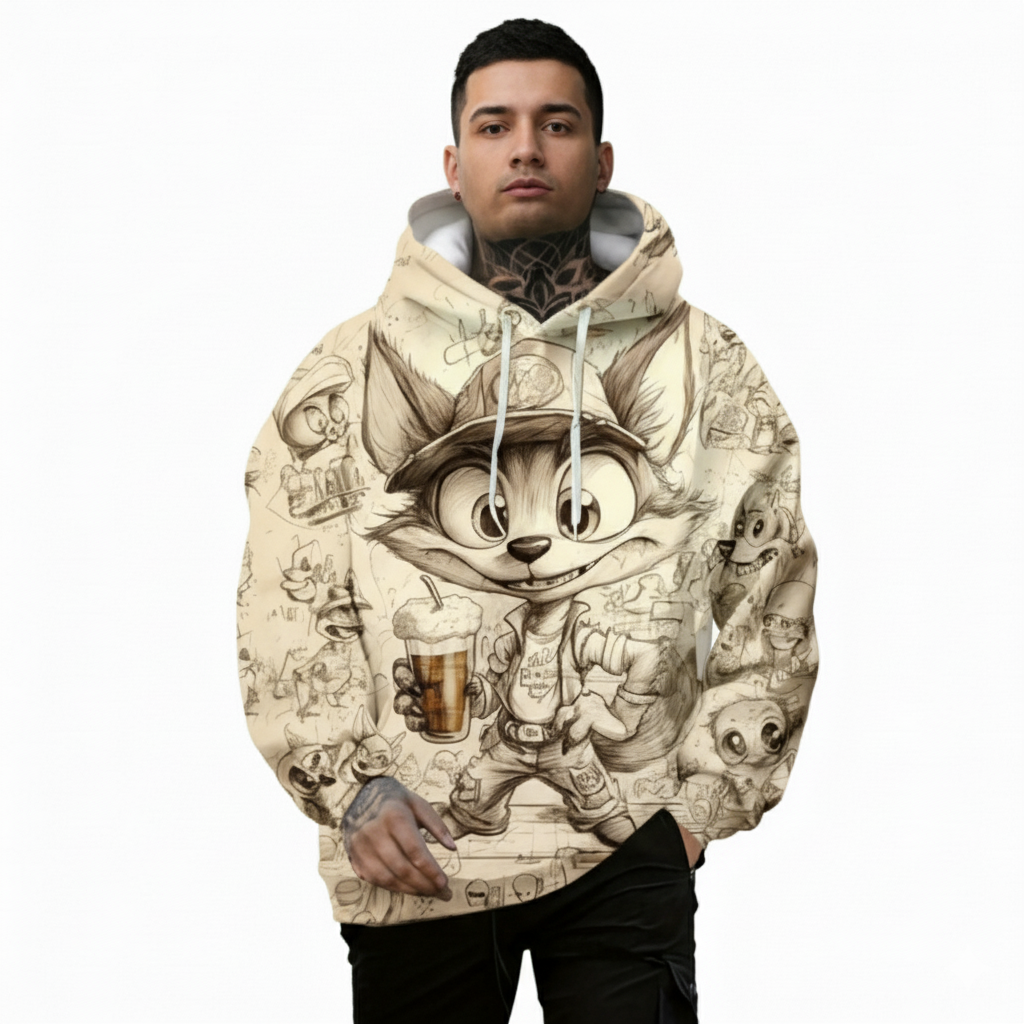 Fox Printed Casual Cartoon Hooded Pullover