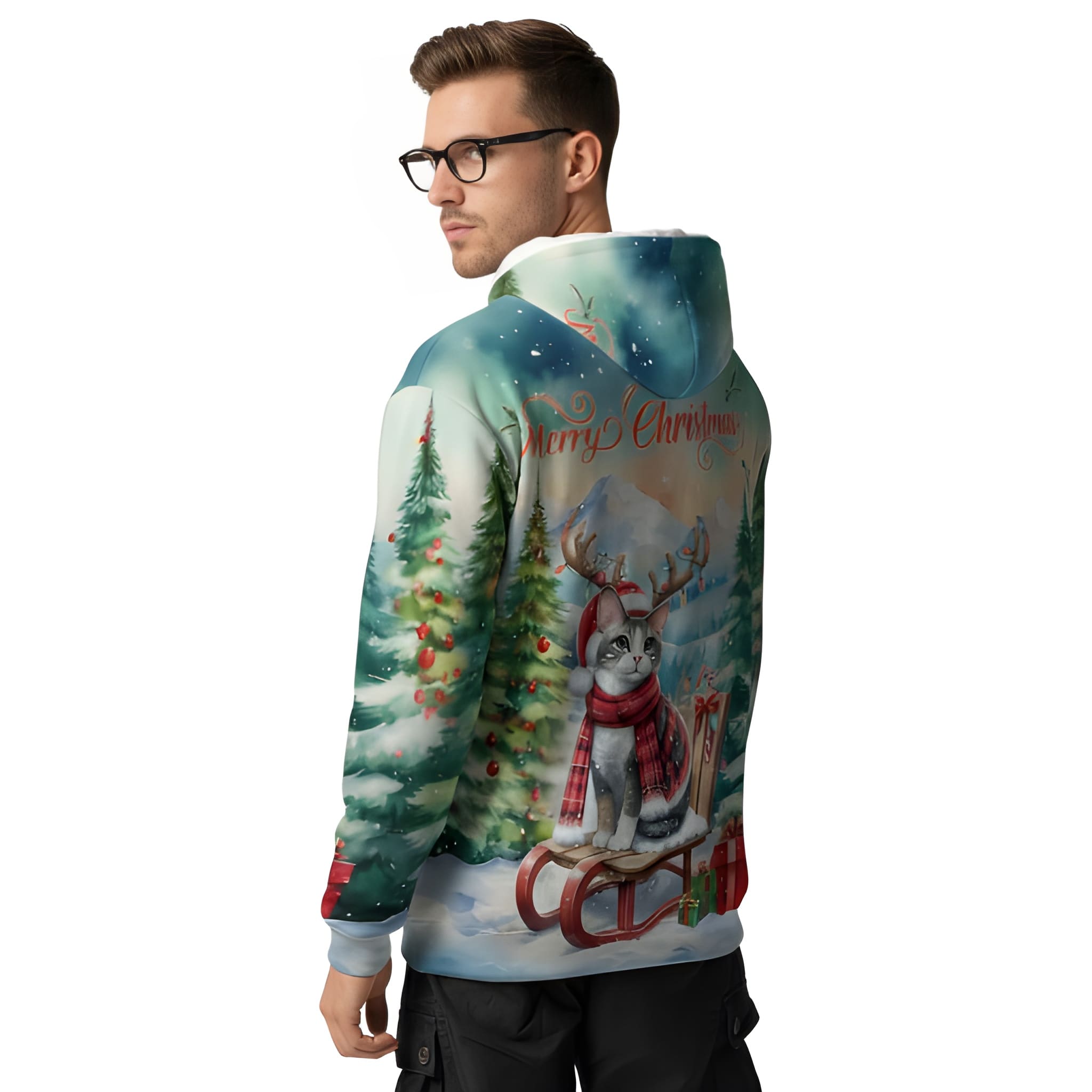 Merry Christmas Cat Reindeer Antler Hoodie Sweatshirt