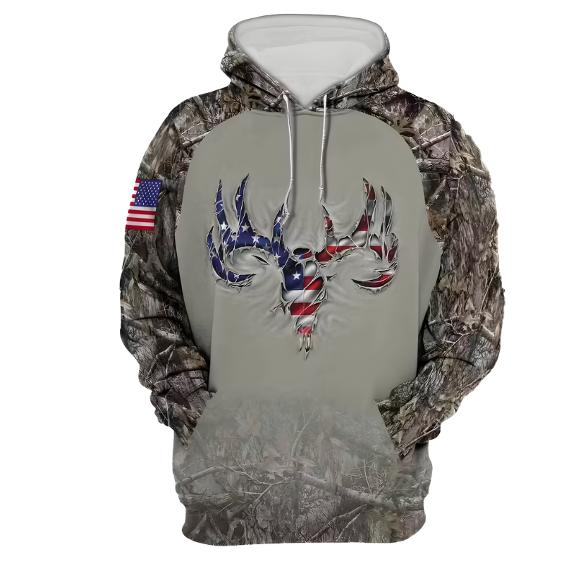 Men Patriotic Camo Hoodie With American Flag And Deer Skull Design