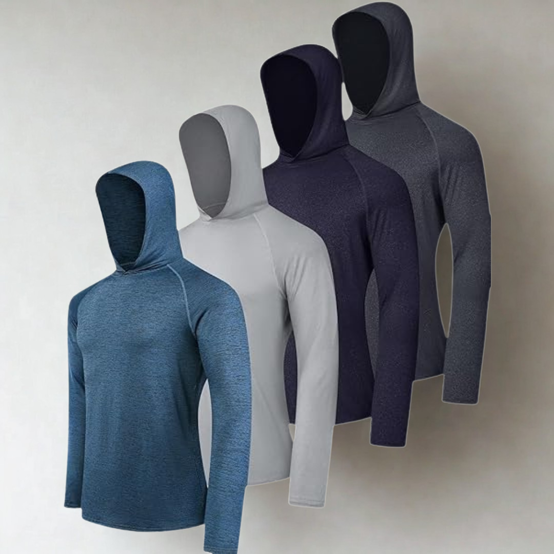 Men UPF 50 Long Sleeve Sun Protection Hoodie Athletic Fishing Shirt with UV Shield and Rash Guard Design