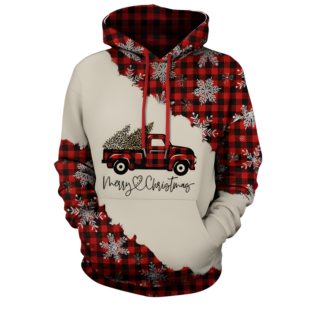 Plaid Car And Tree Printed Drawstring Hoodie