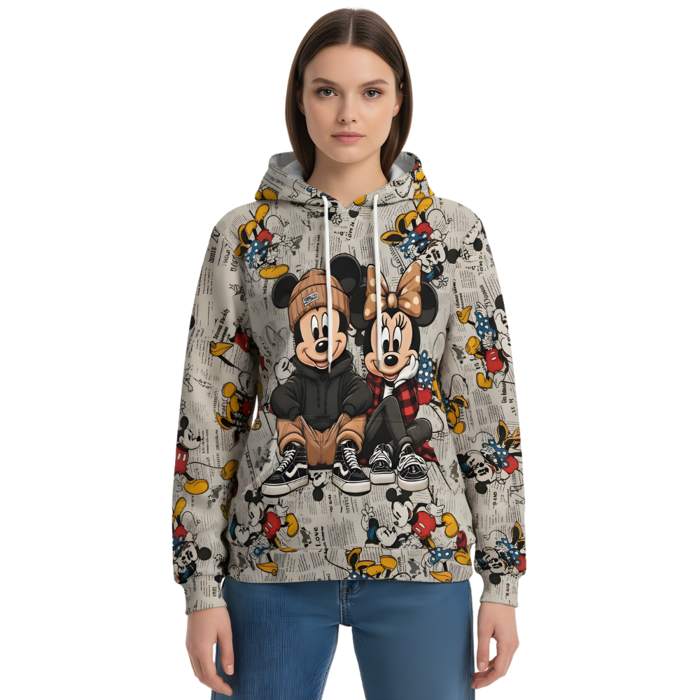 Mickey And Minnie Retro Newspaper Print Oversized Hoodie For Womens